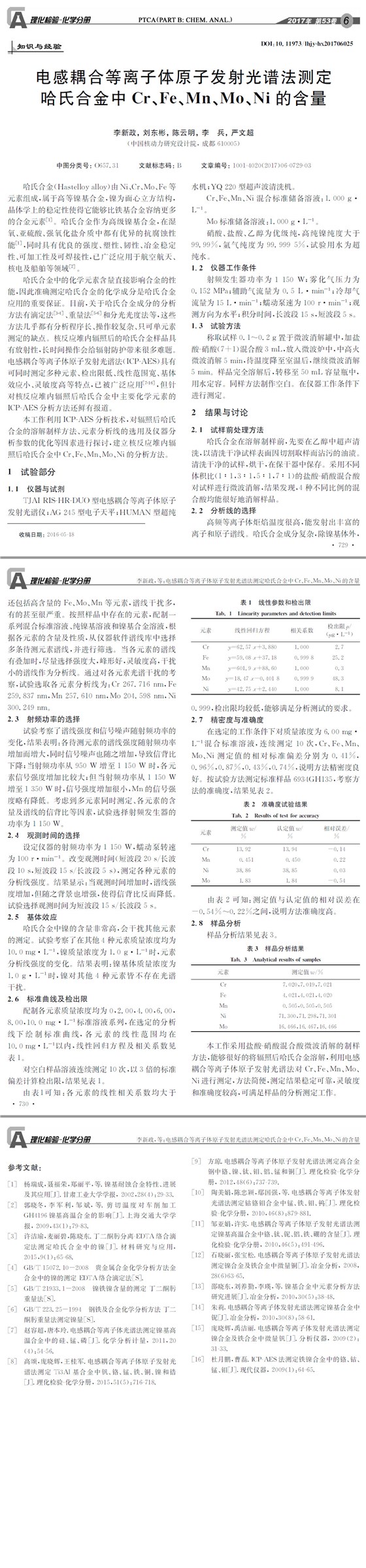 電感耦合等離子體原子發(fā)射光譜法測定哈氏合金中Cr、Fe、Mn、Mo、Ni的含量