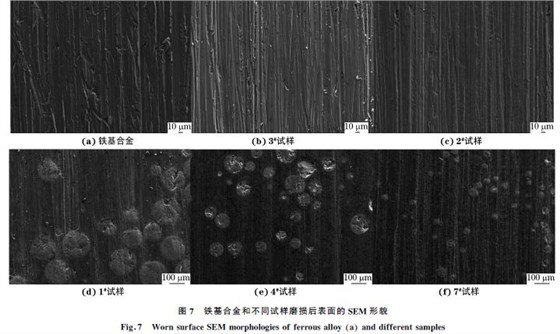 圖７ 鐵基合金和不同試樣磨損后表面的SEM 形貌