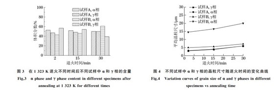 不同試樣中α和γ相的晶粒尺寸隨退火時間的變化曲線