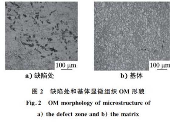 圖２ 缺陷處和基體顯微組織 OM 形貌