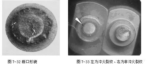 斷口形貌 淬火裂紋、右為非淬火裂紋