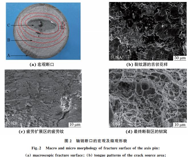 圖２ 軸銷斷口的宏觀及微觀形貌