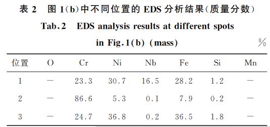 表２ 圖１(b)中不同位置的 EDS分析結果(質量分數)