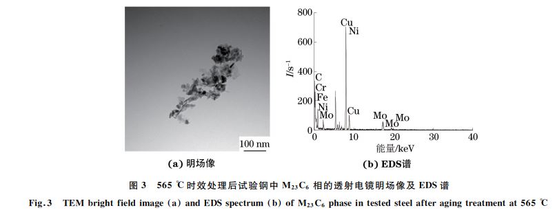 圖３ ５６５ ℃時(shí)效處理后試驗(yàn)鋼中 M２３C６ 相的透射電鏡明場像及 EDS譜