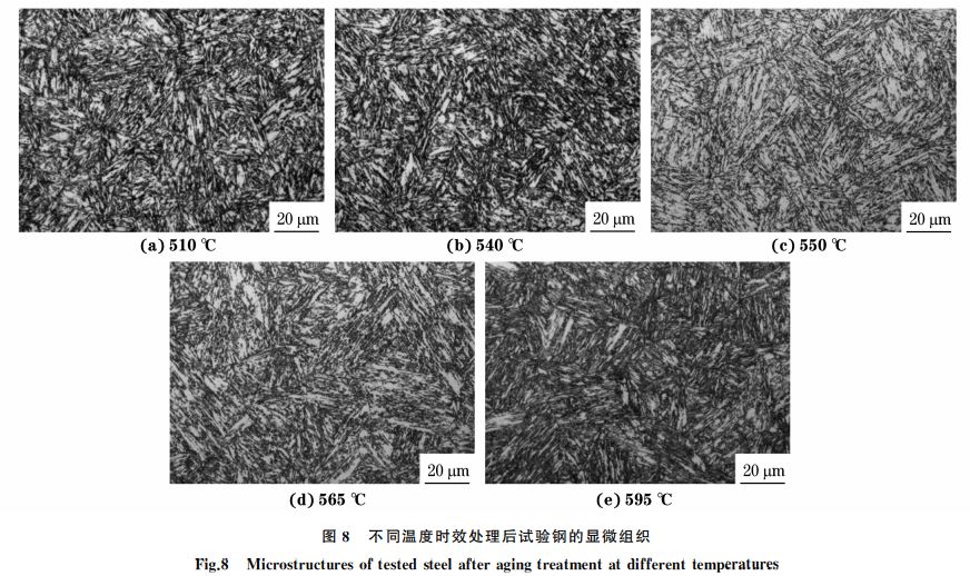 圖８ 不同溫度時(shí)效處理后試驗(yàn)鋼的顯微組織
