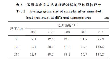 表２ 不同溫度退火熱處理后試樣的平均晶粒尺寸